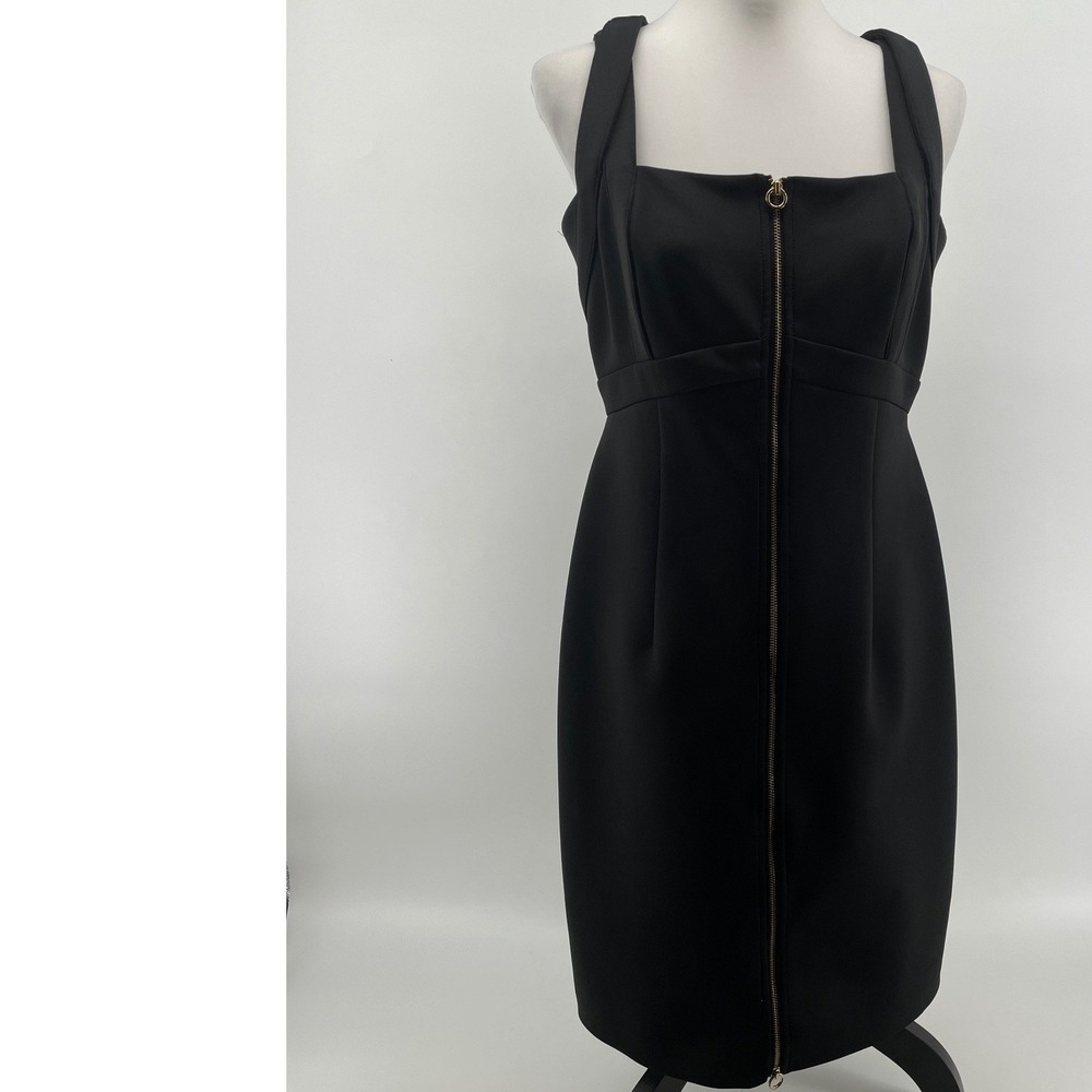 Calvin Klein Sheath Dress Womens 12 Black Gold Full Zip LBD Goth Glam Cocktail